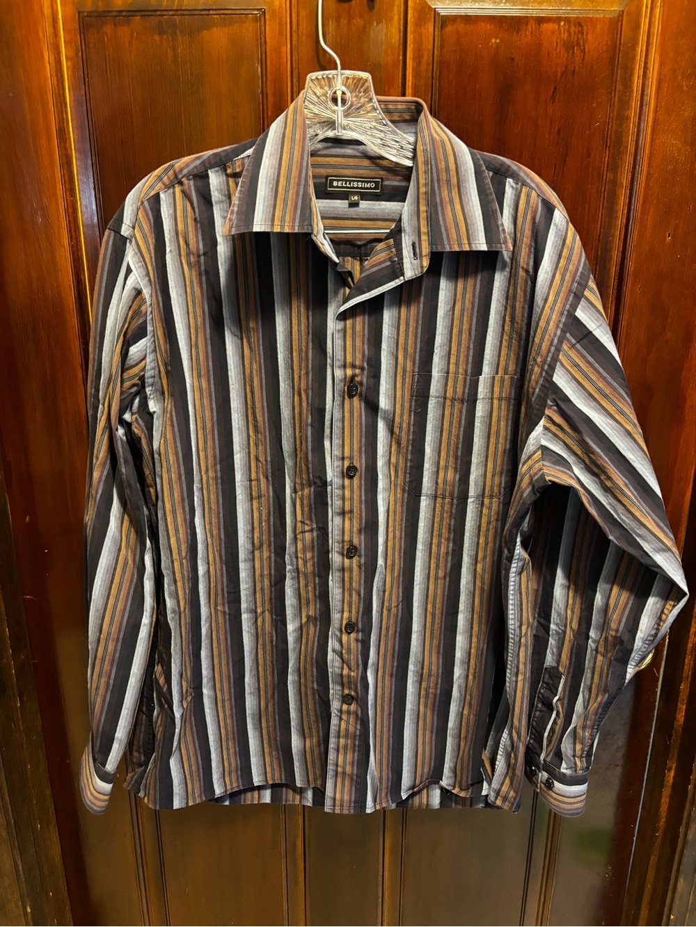 Bellissimo Men's Long-Sleeve Striped Button-Down Shirt in Brown, Gray, and Blue